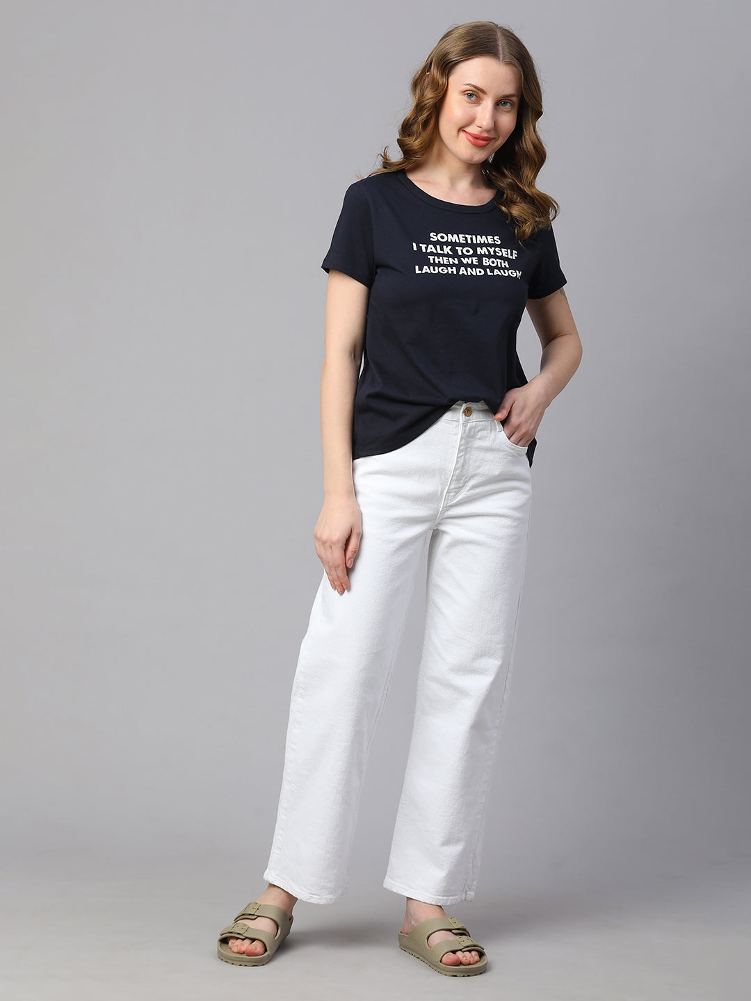 Women's Navy Cotton Regular Fit Tshirt