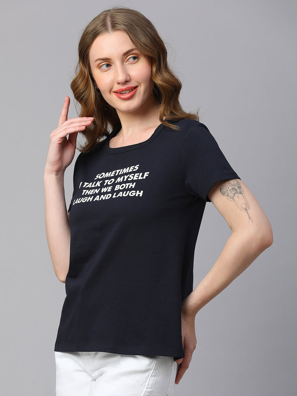 Women's Navy Cotton Regular Fit Tshirt