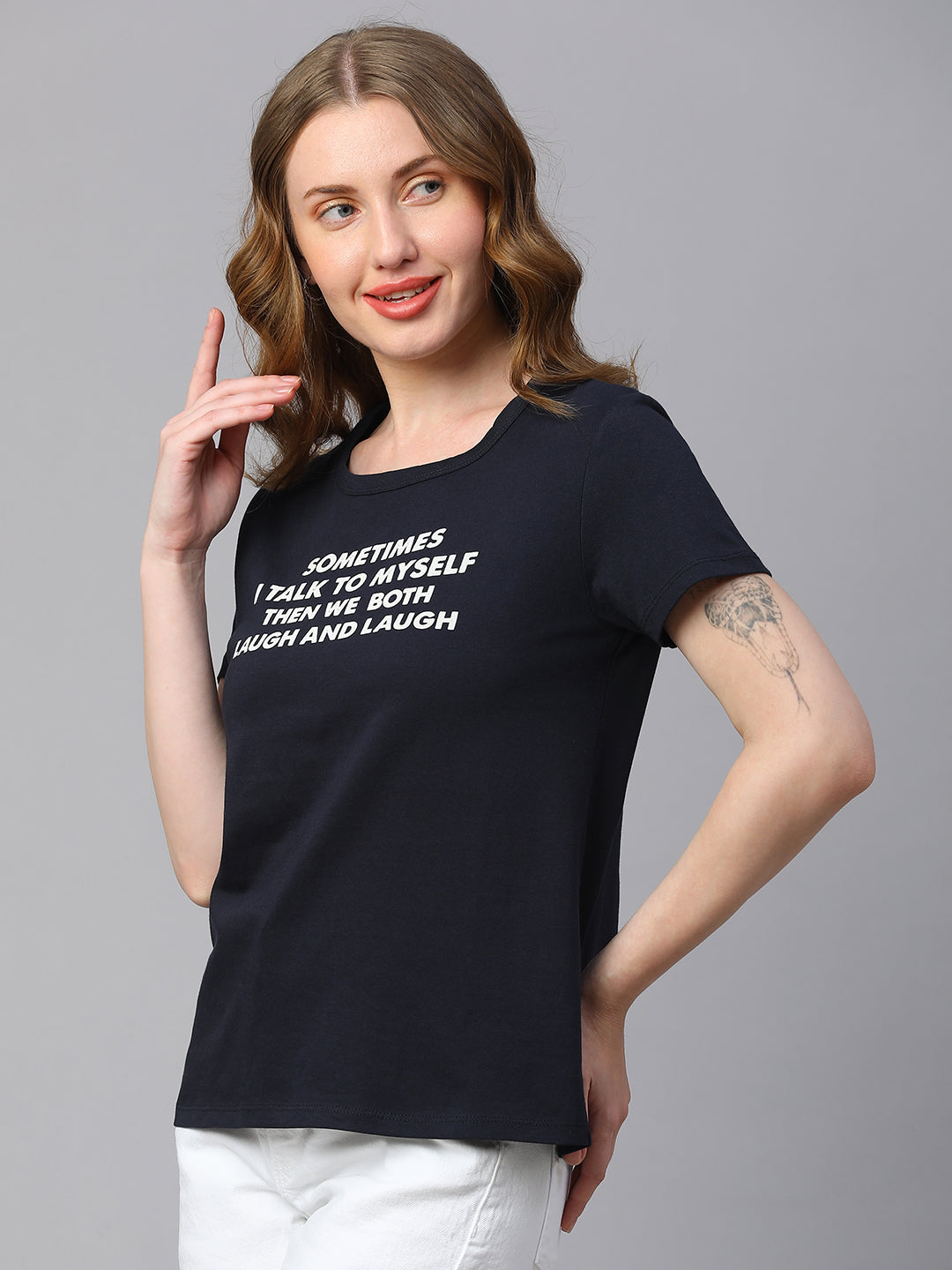 Women's Navy Cotton Regular Fit Tshirt