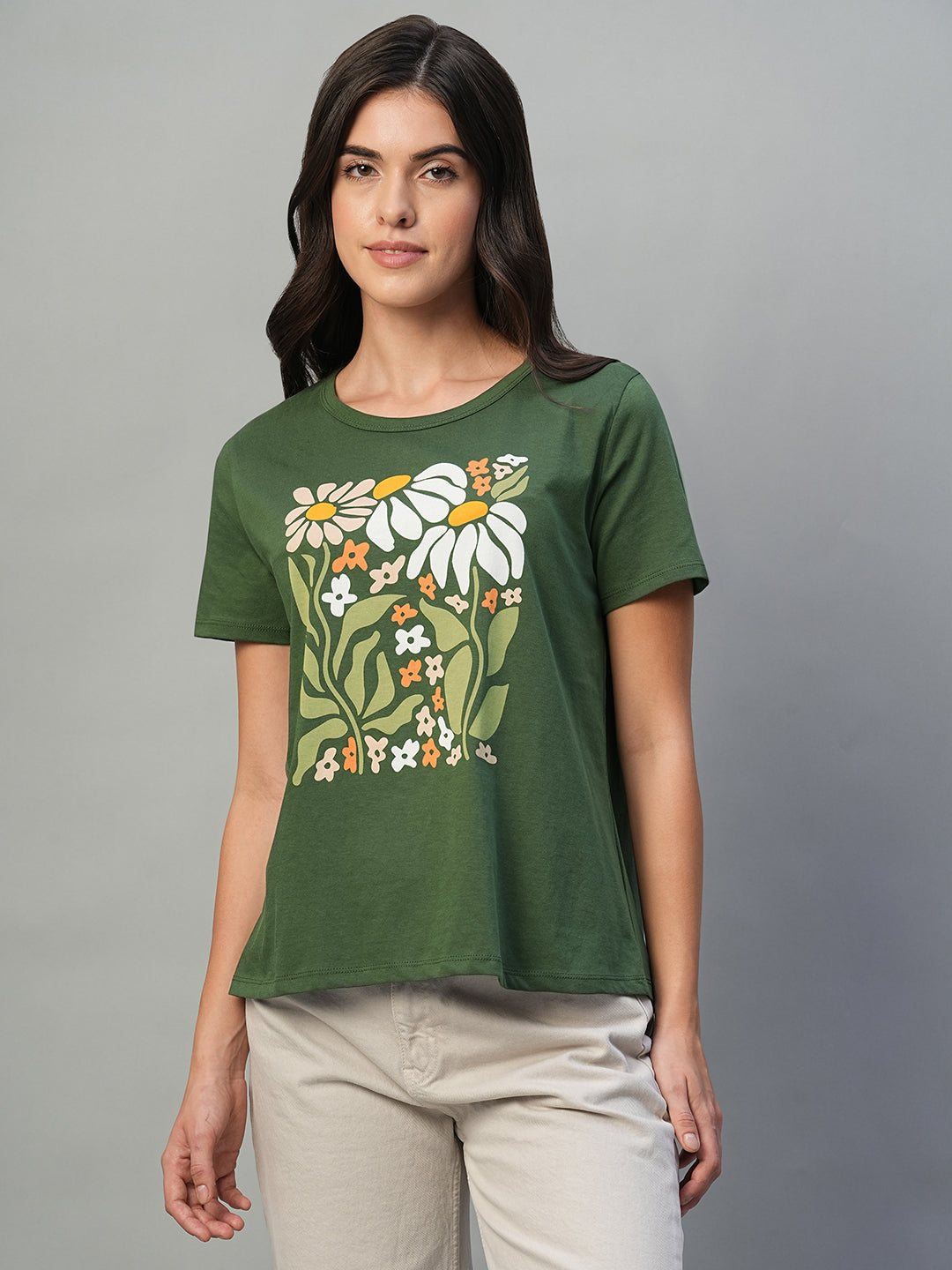 Women's Olive 100% Cotton Regular Fit Tshirt