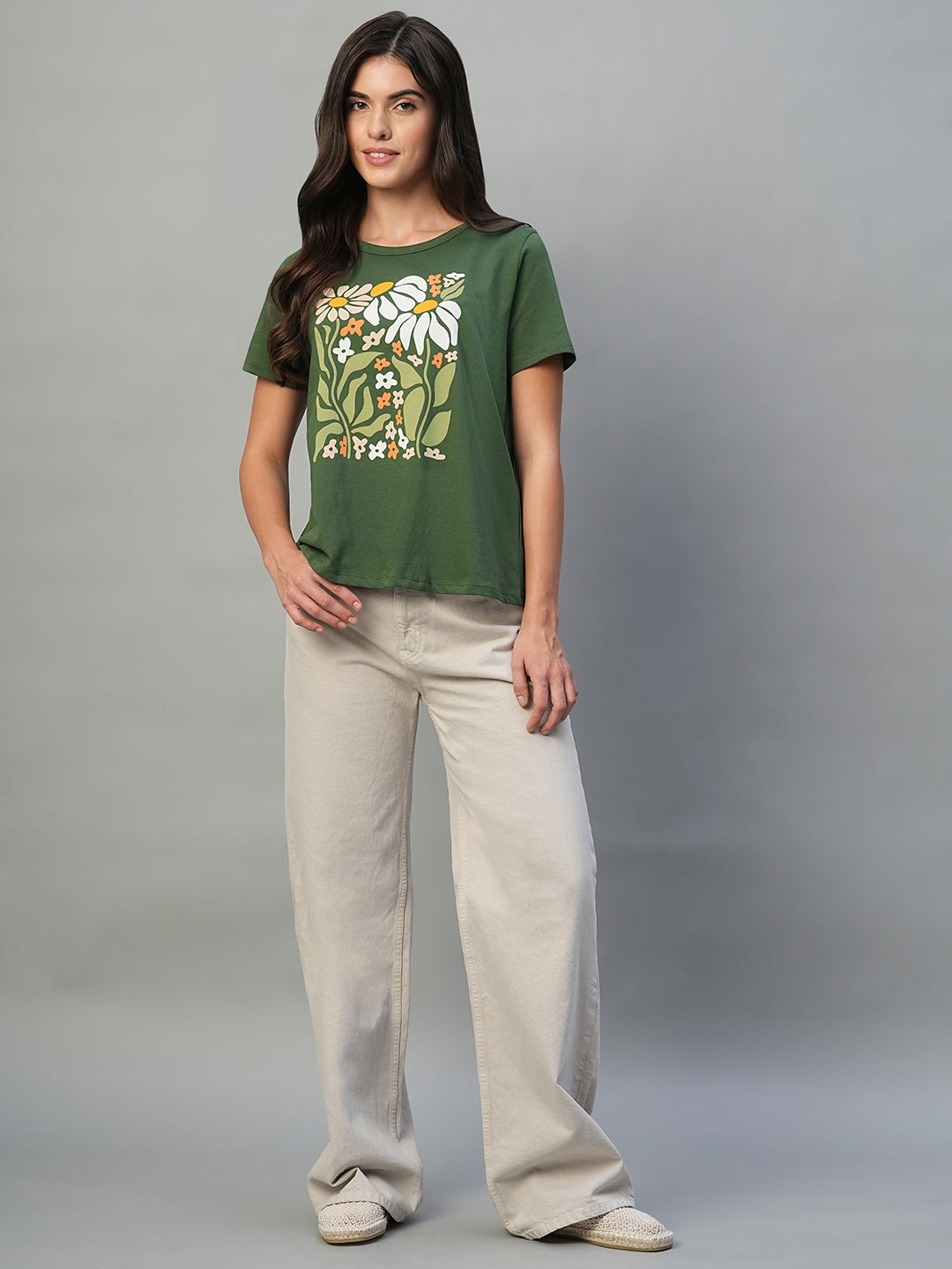 Women's Olive 100% Cotton Regular Fit Tshirt