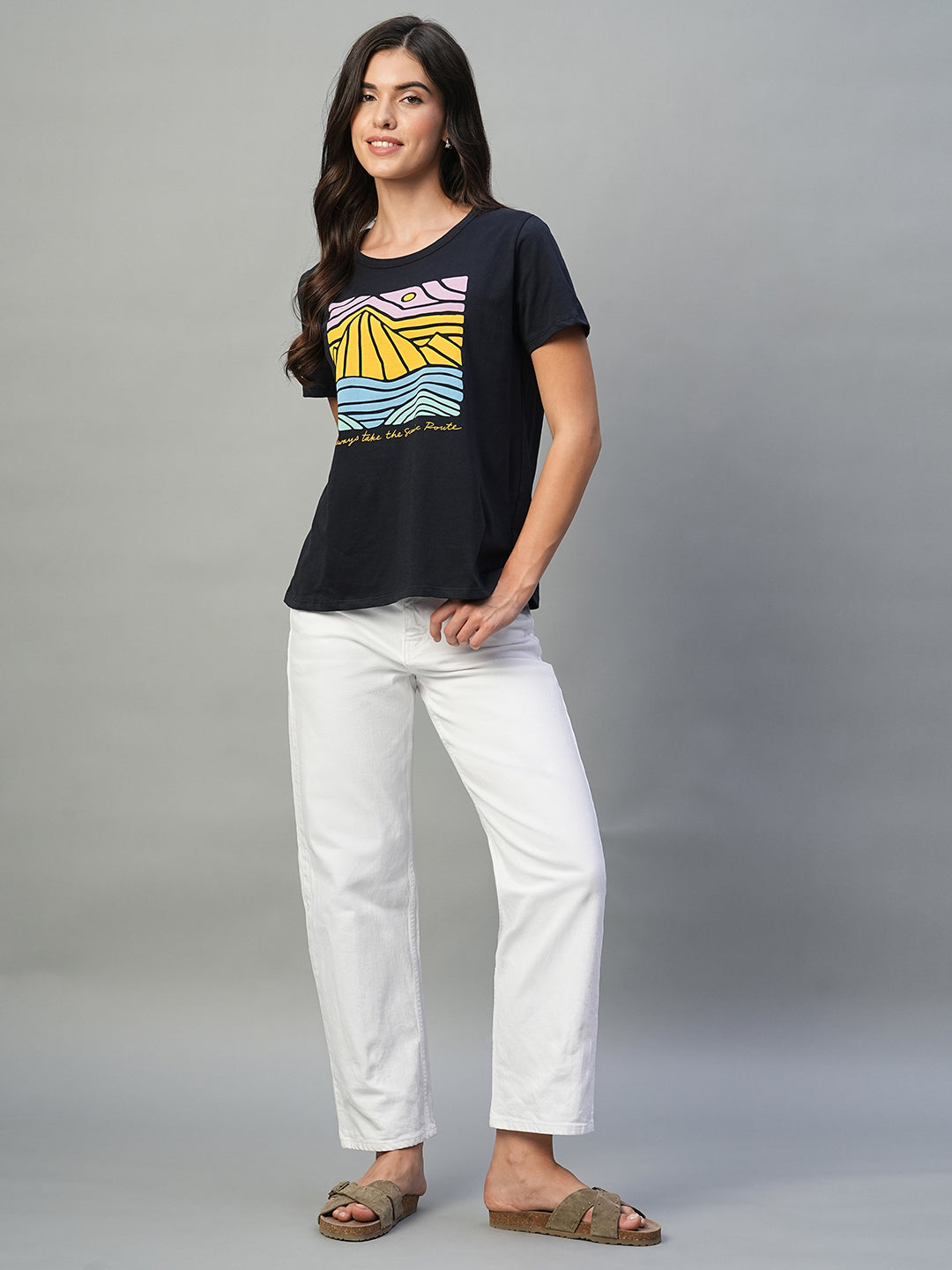 Women's Navy 100% Cotton Regular Fit Tshirt