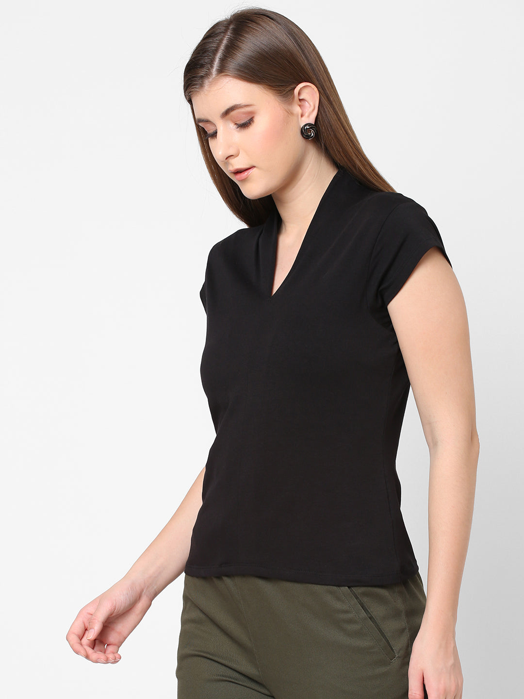 Women's Cotton Elastane Black Slim Fit Tshirt