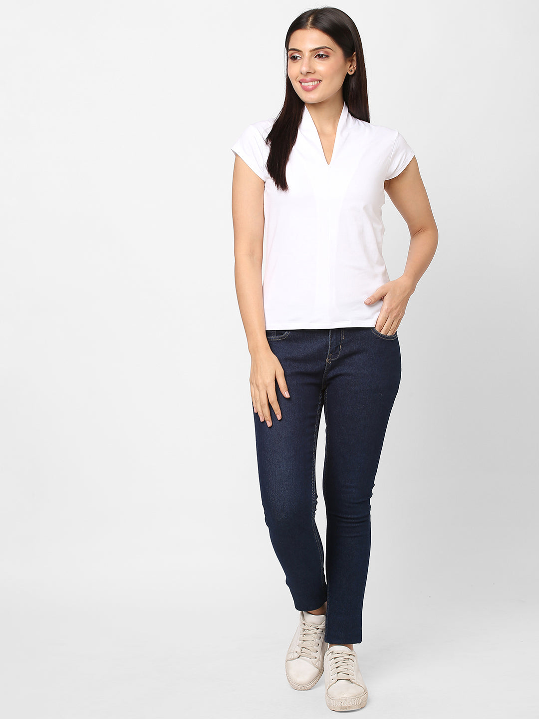 Women's White Cotton Elastane Slim Fit Tshirt