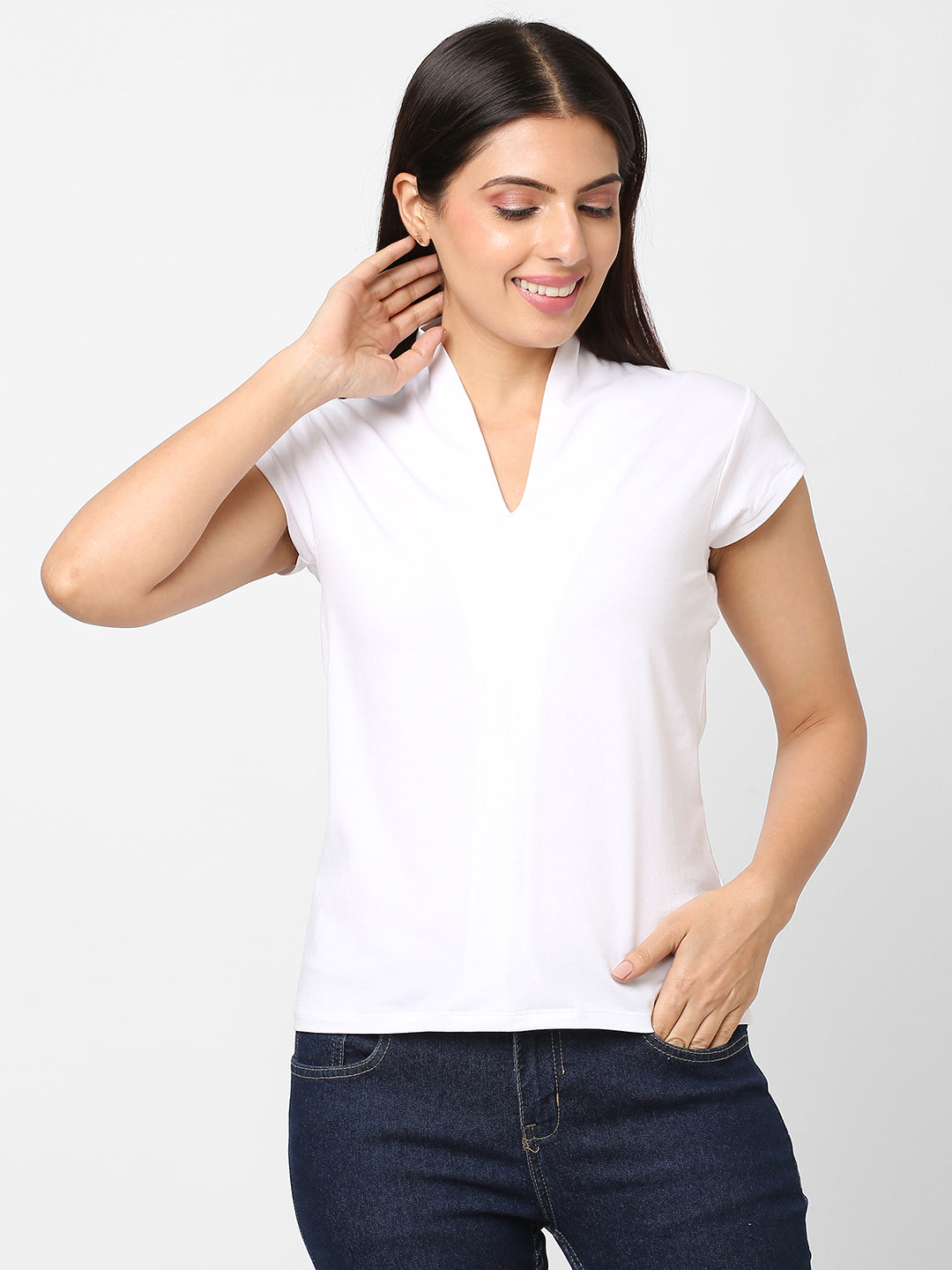 Women's Cotton Elastane White Slim Fit Tshirt