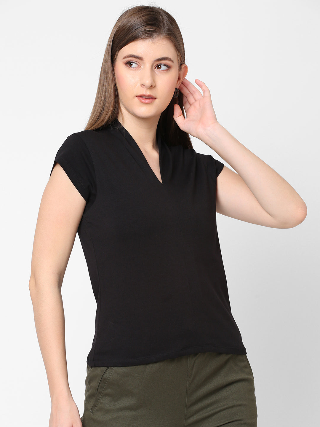 Women's Black Cotton Elastane Slim Fit Tshirt