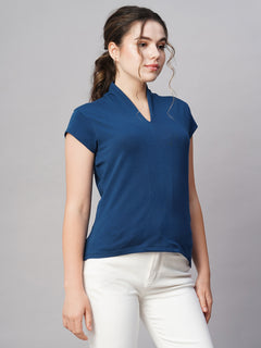 Women's Blue Cotton Elastane Slim Fit Tshirt