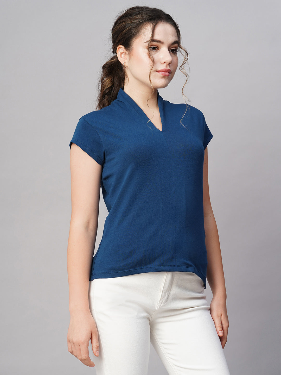 Women's Blue Cotton Elastane Slim Fit Tshirt