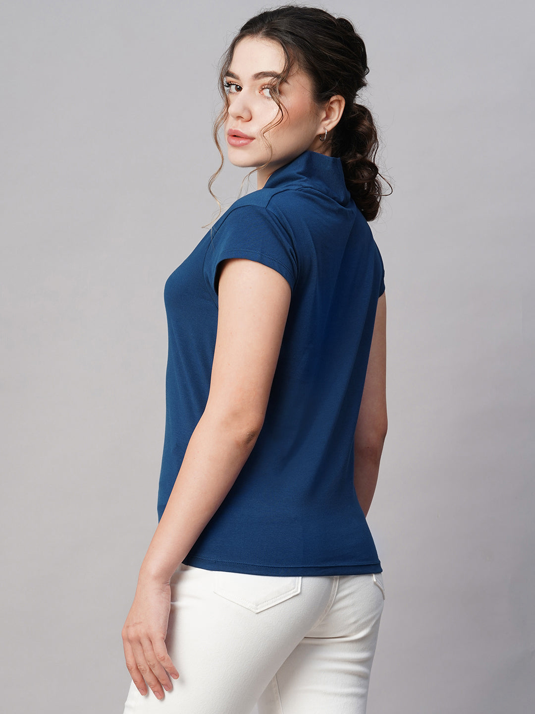 Women's Blue Cotton Elastane Slim Fit Tshirt