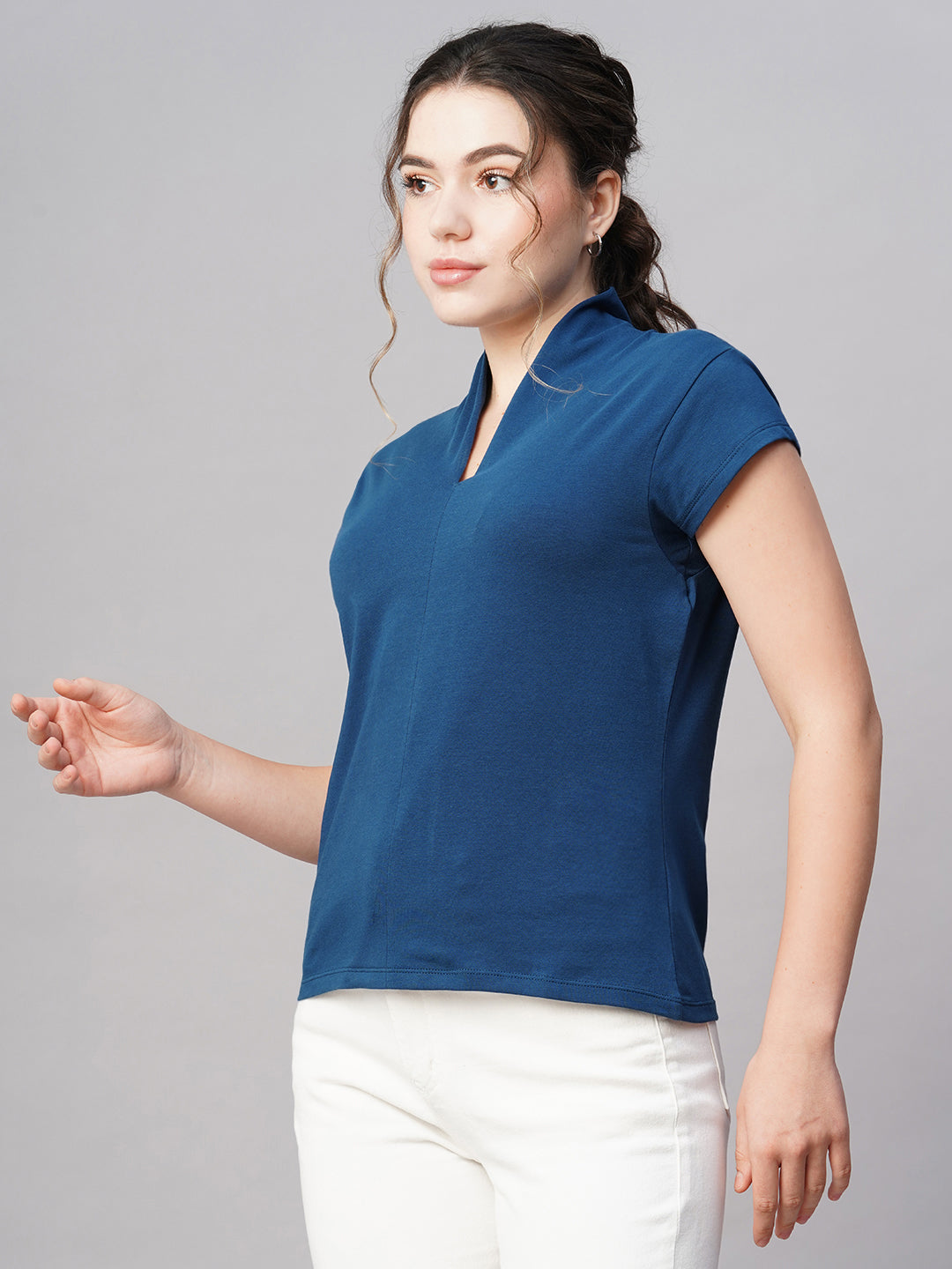 Women's Blue Cotton Elastane Slim Fit Tshirt
