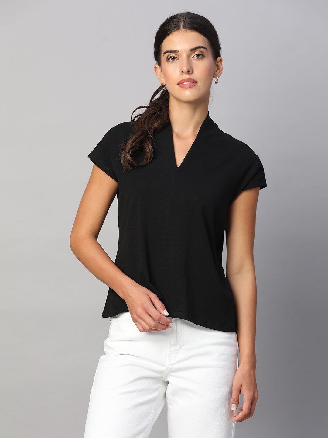 Women's Black Cotton Elastane Slim Fit Tshirt