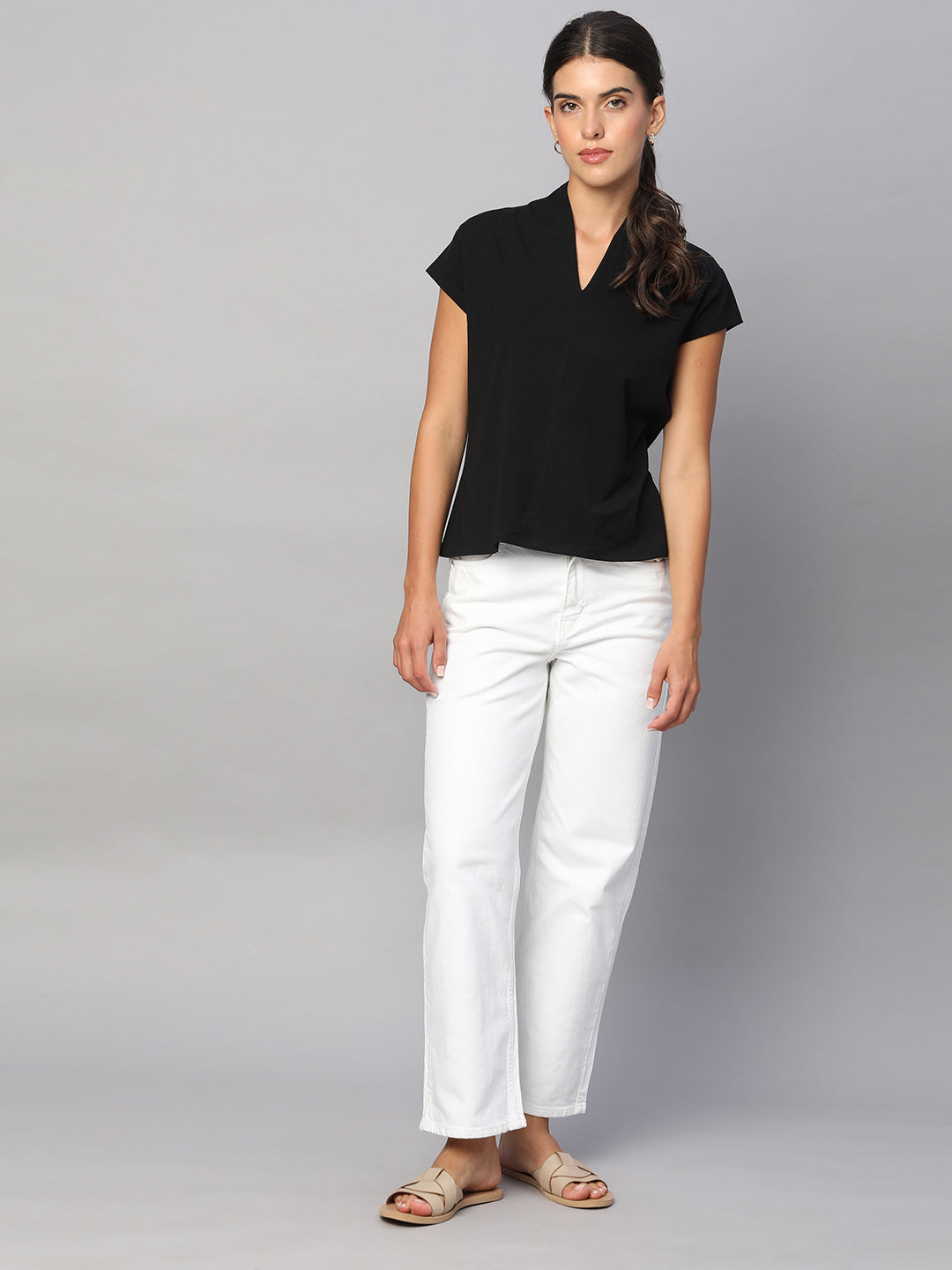 Women's Black Cotton Elastane Slim Fit Tshirt