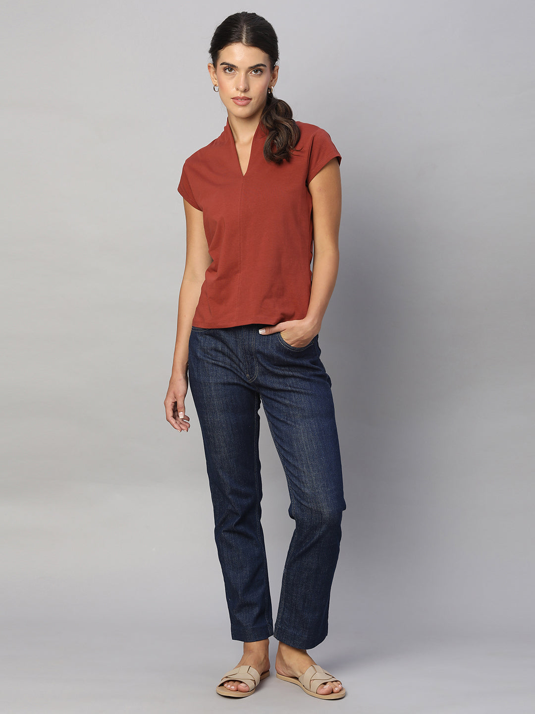 Women's Brick Cotton Elastane Slim Fit Tshirt