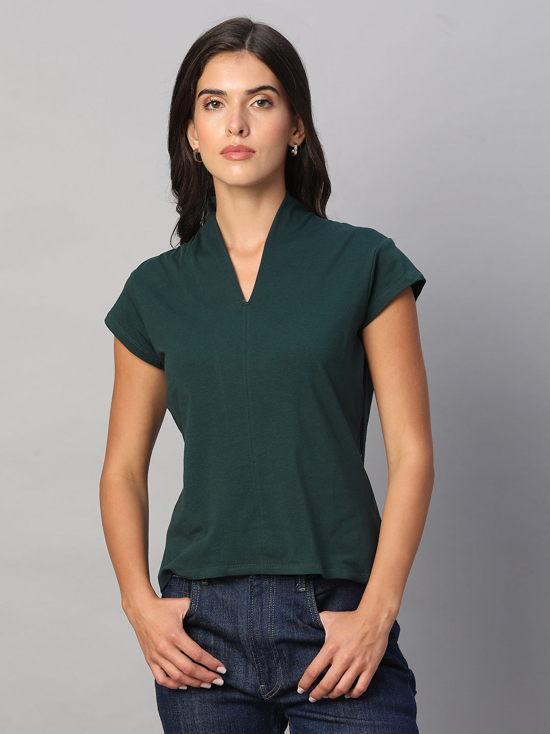 Women's Green Cotton Elastane Slim Fit Tshirt