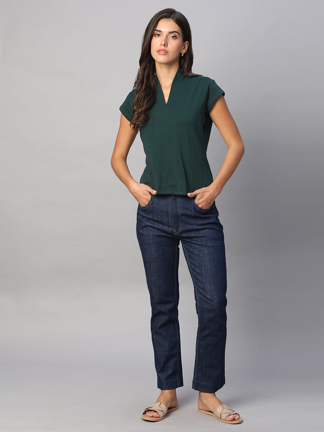 Women's Green Cotton Elastane Slim Fit Tshirt