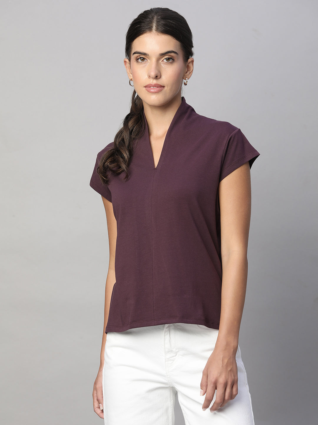 Women's Purple Cotton Elastane Slim Fit Tshirt