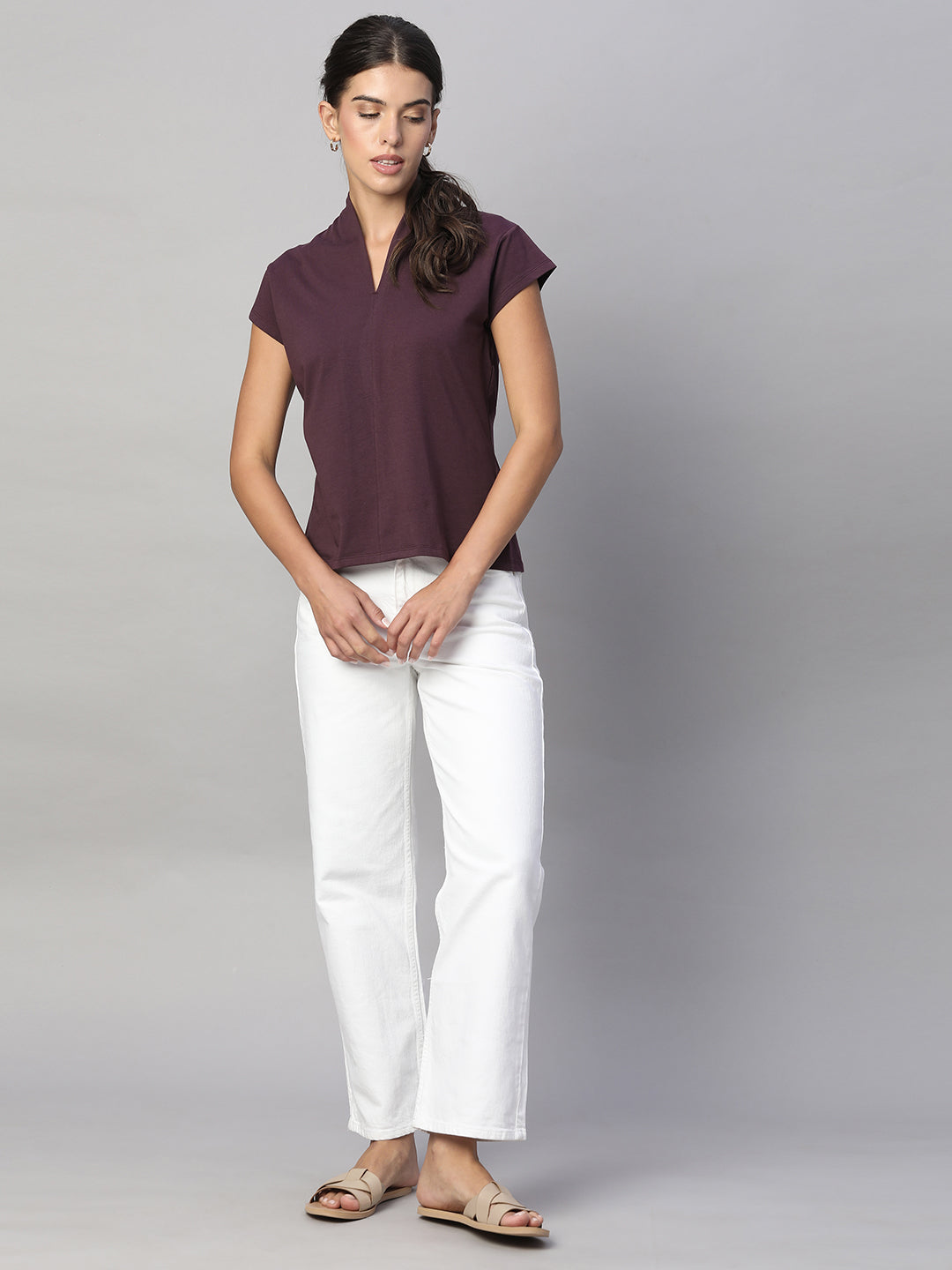 Women's Purple Cotton Elastane Slim Fit Tshirt