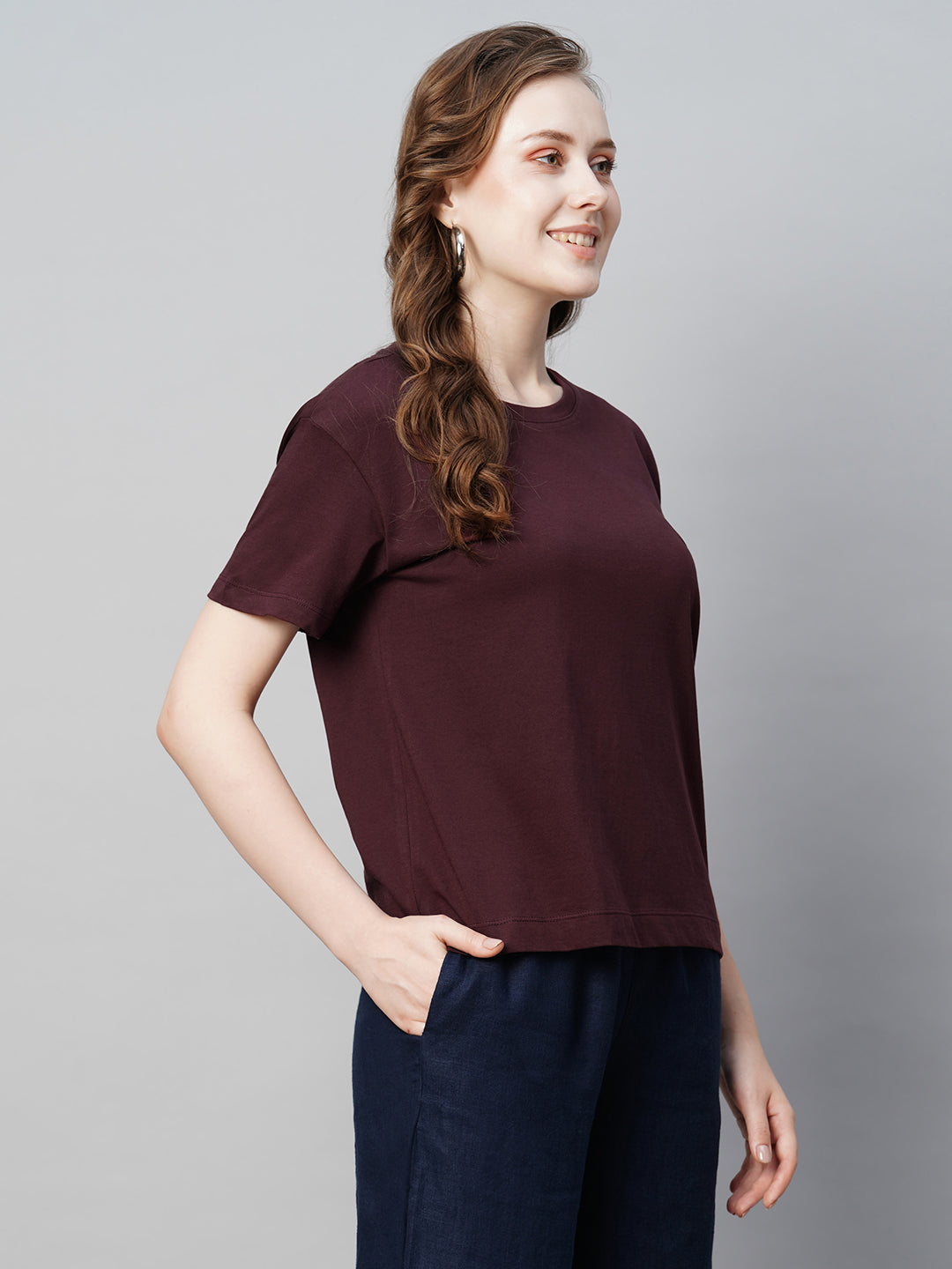 Cotton World | Buy Women's Cotton Casual Wear Regular Fit Tshirt|Cottonworld SMALL / WINE