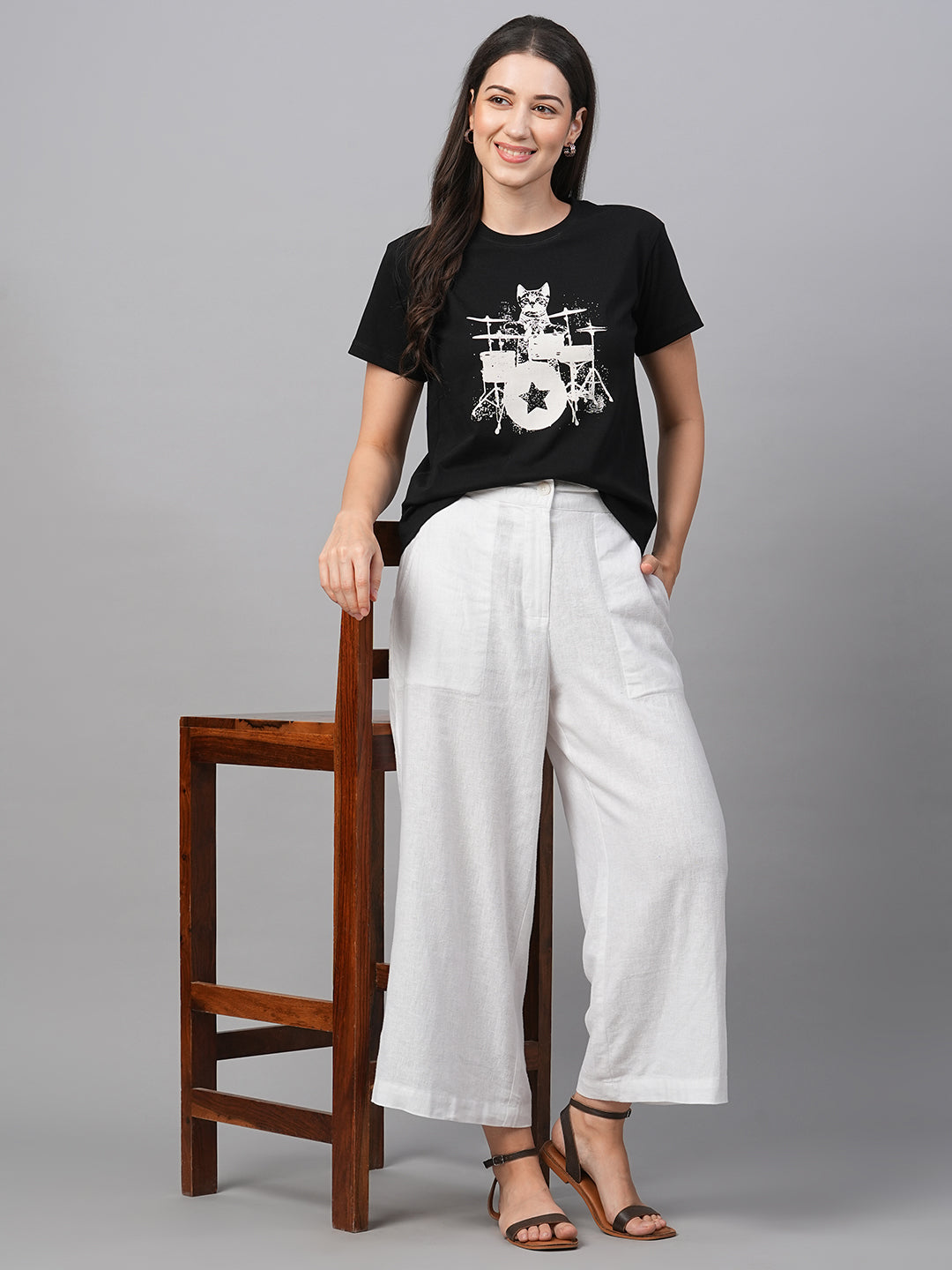 Women's Black Cotton Regular Fit Tshirts