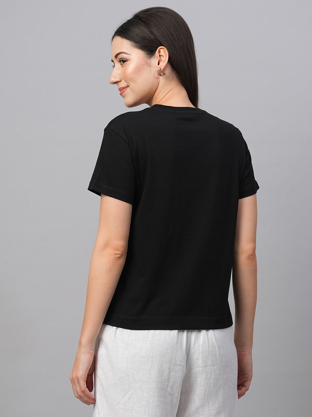 Women's Black Cotton Regular Fit Tshirts