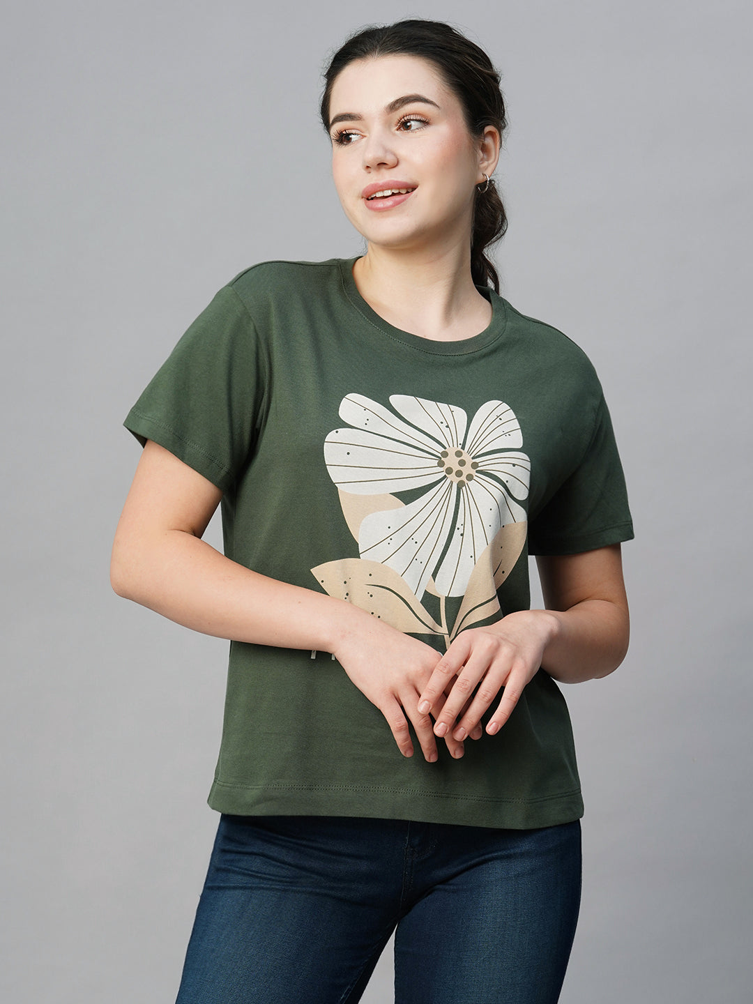 Women's Green Cotton Regular Fit Tshirt