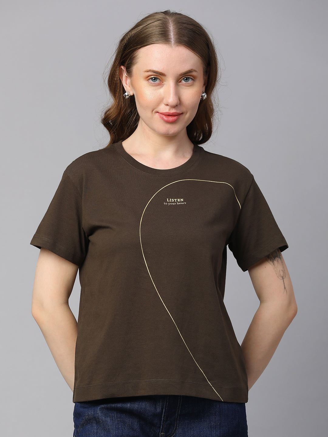 Women's Brown Cotton Regular Fit Tshirt