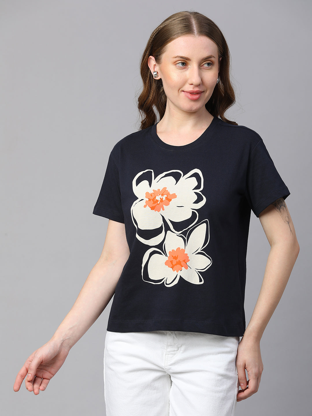 Women's Navy Cotton Regular Fit Tshirt