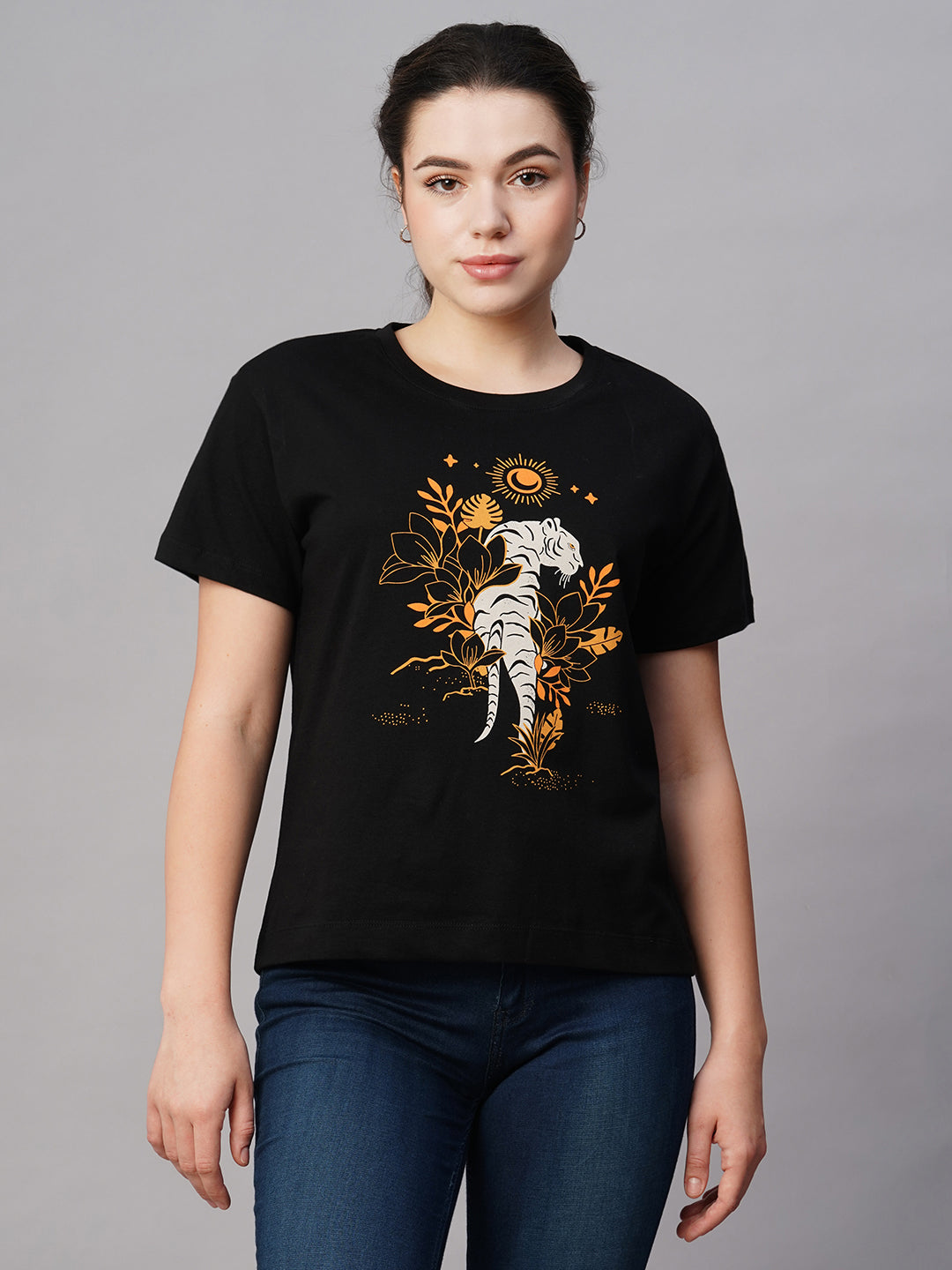 Women's Black Cotton Regular Fit Tshirt