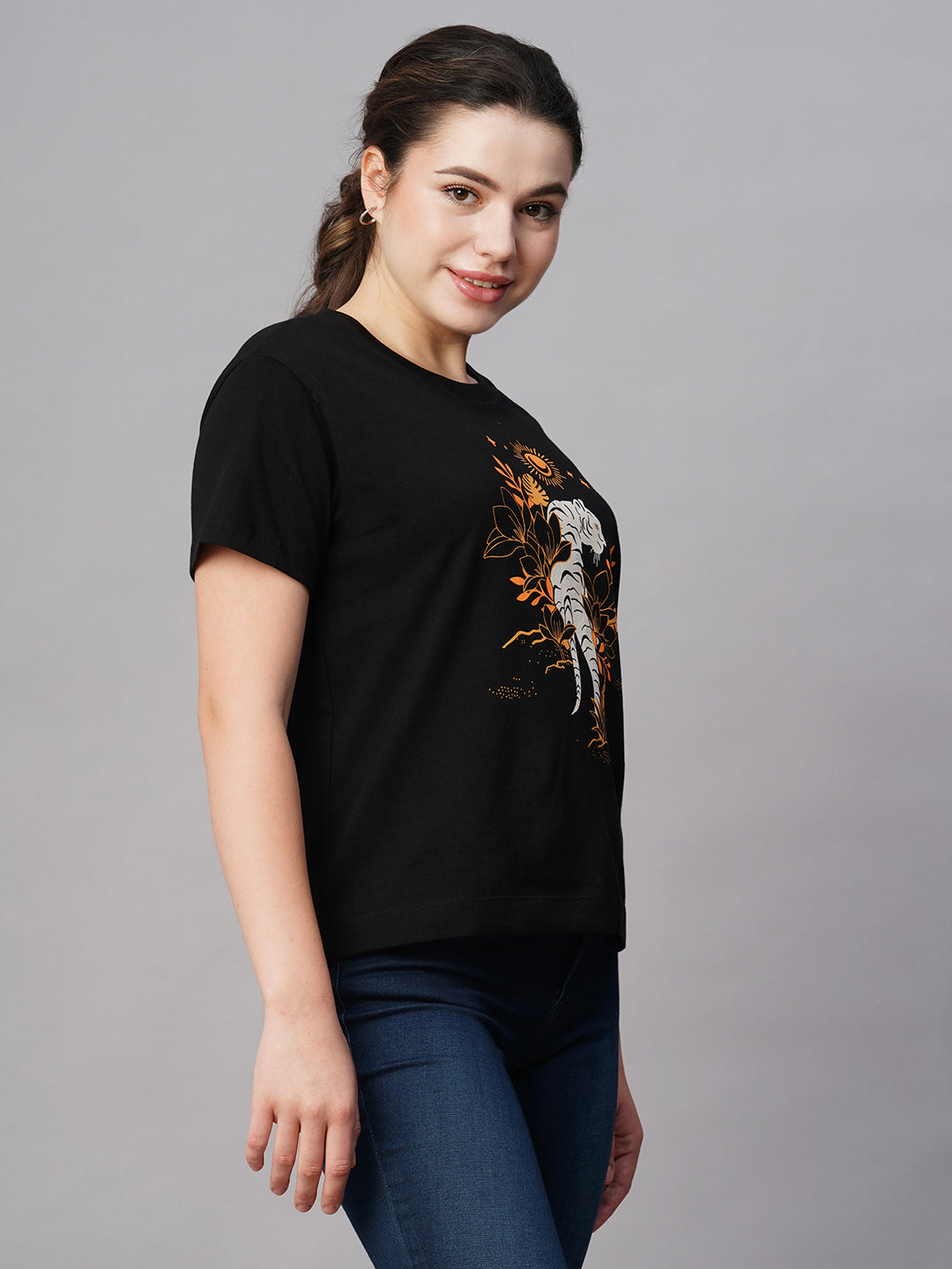 Women's Black Cotton Regular Fit Tshirt