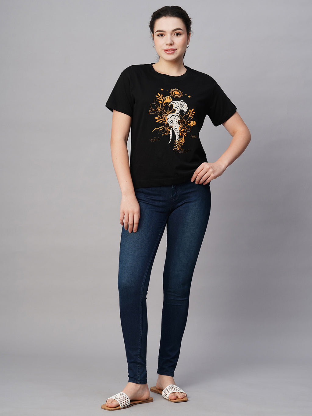 Women's Black Cotton Regular Fit Tshirt
