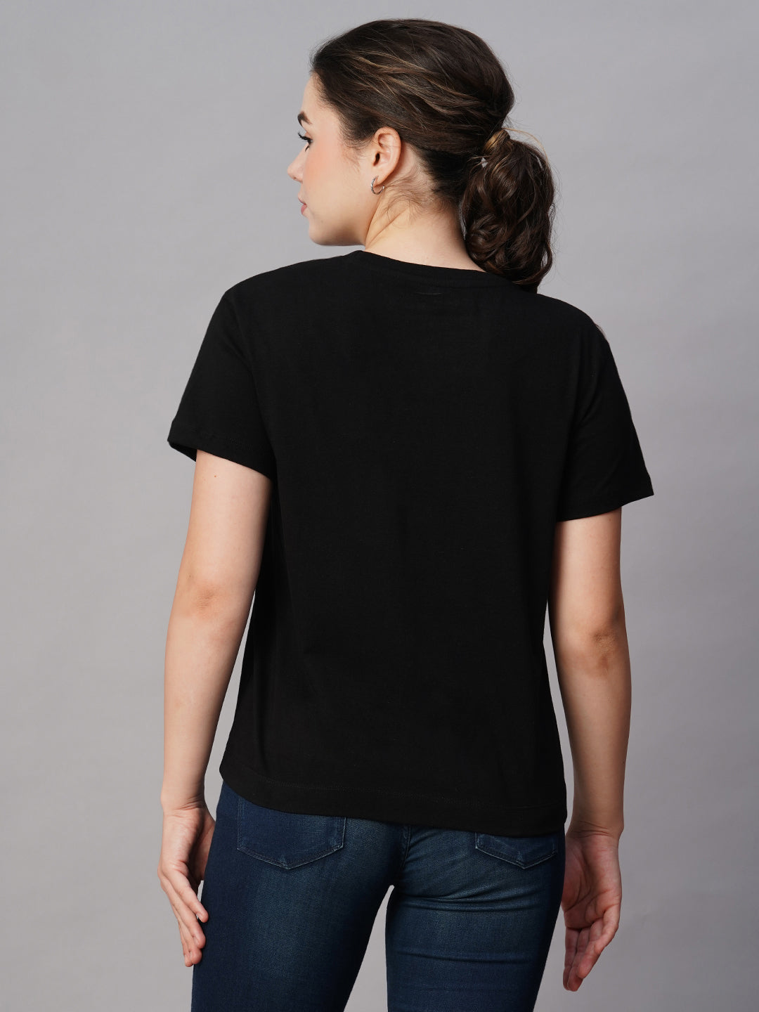 Women's Black Cotton Regular Fit Tshirt