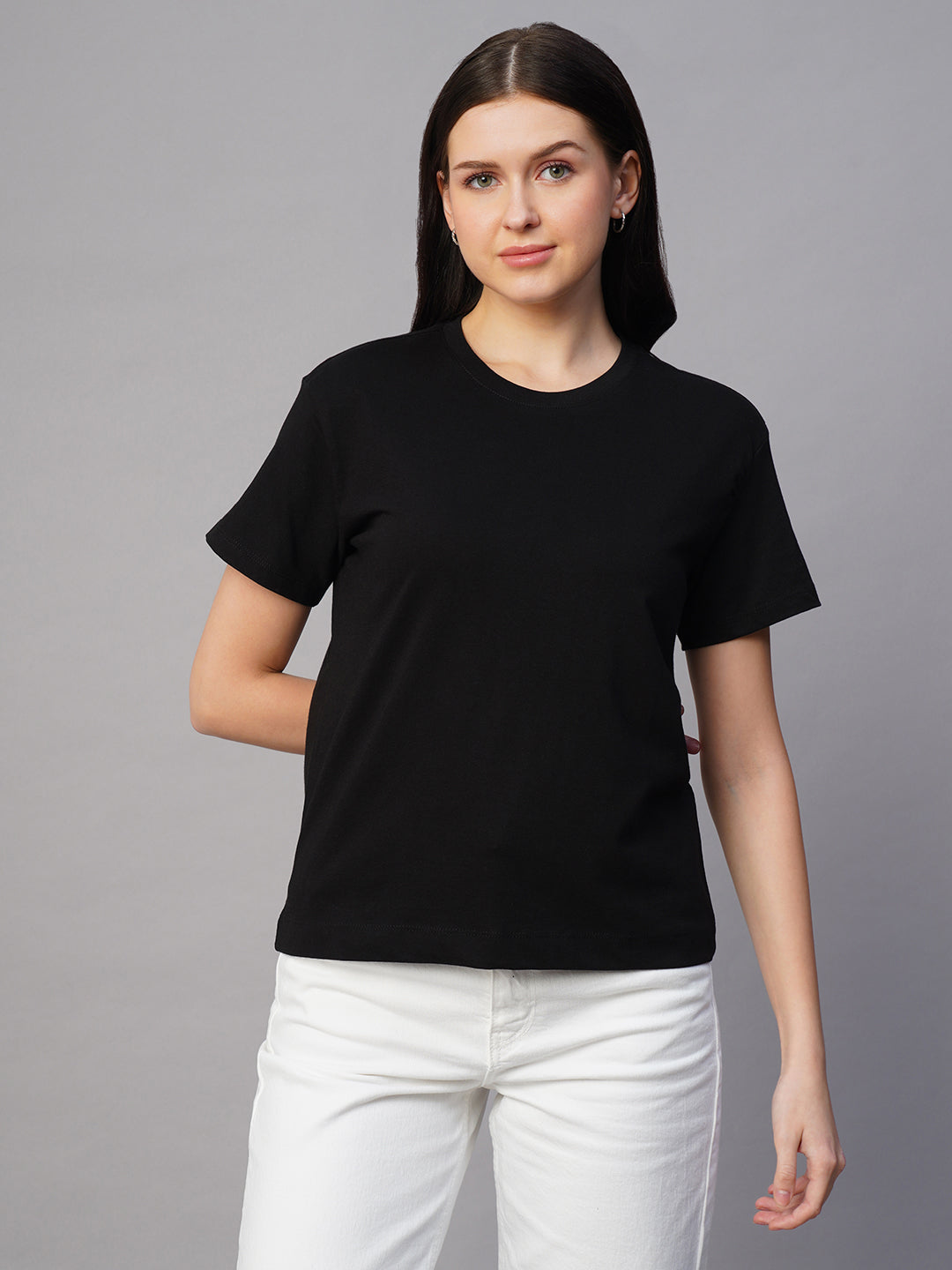 Women's Black 100% Cotton Regular Fit Tshirt