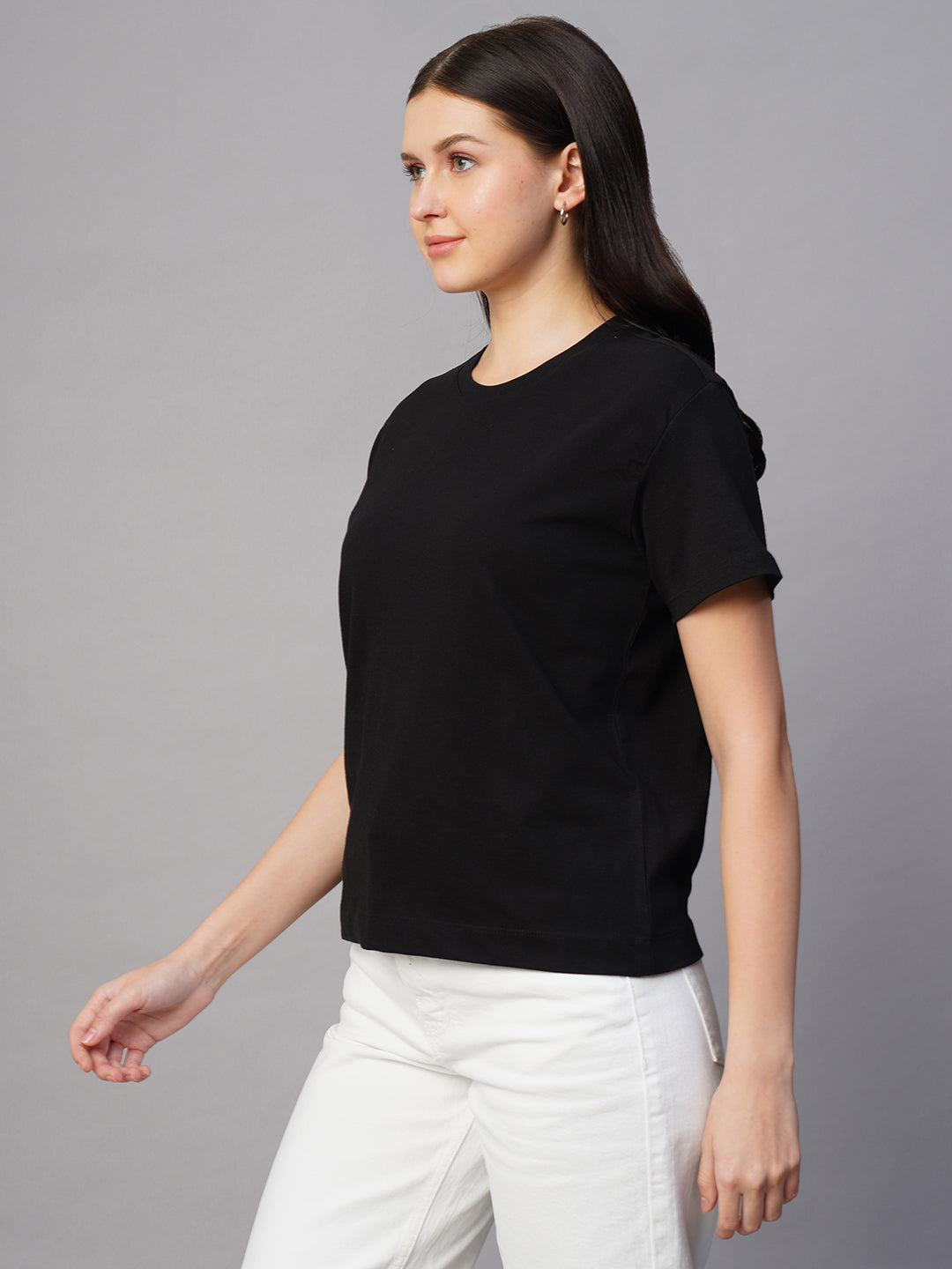 Women's Black 100% Cotton Regular Fit Tshirt