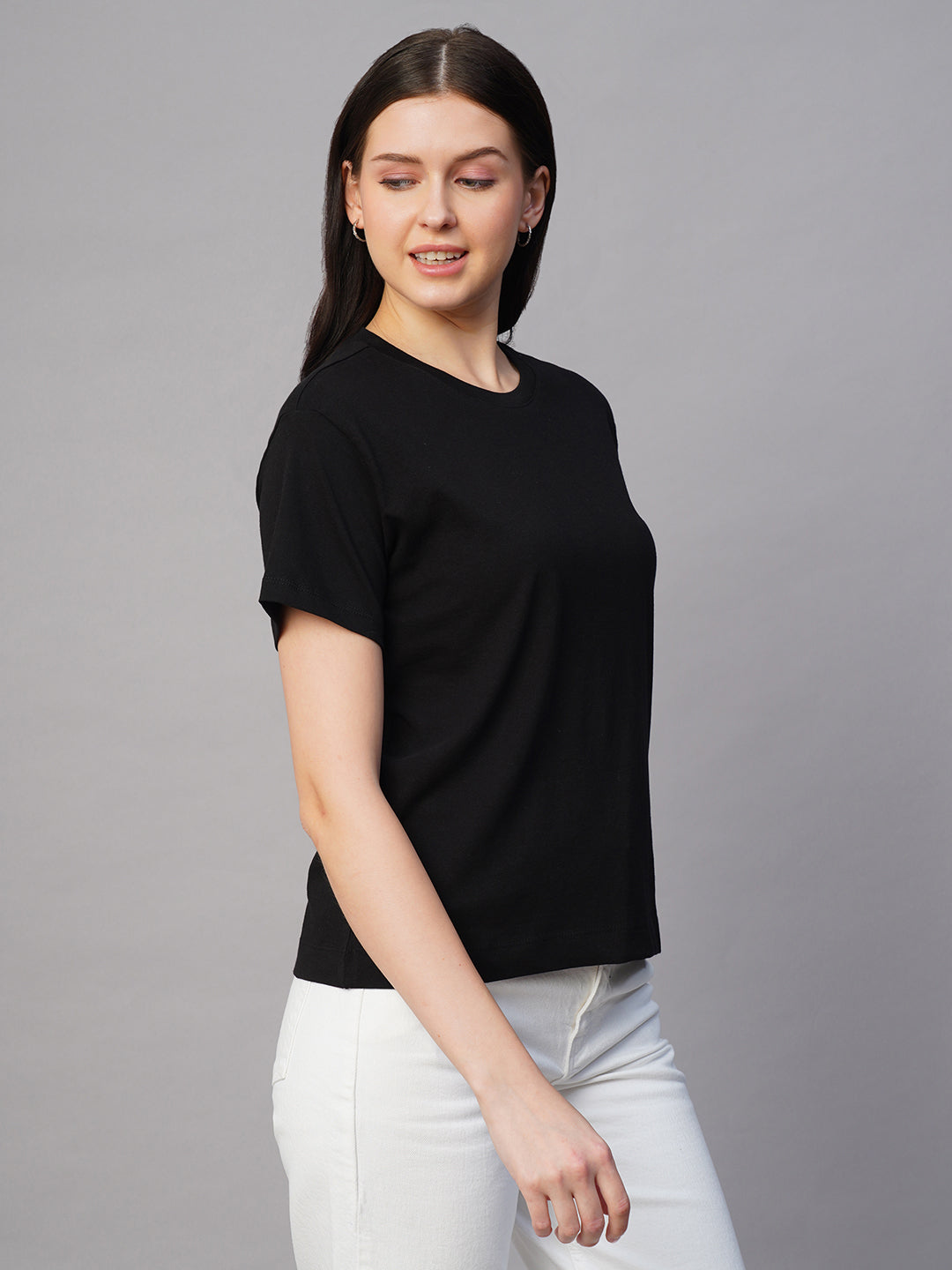 Women's Black 100% Cotton Regular Fit Tshirt