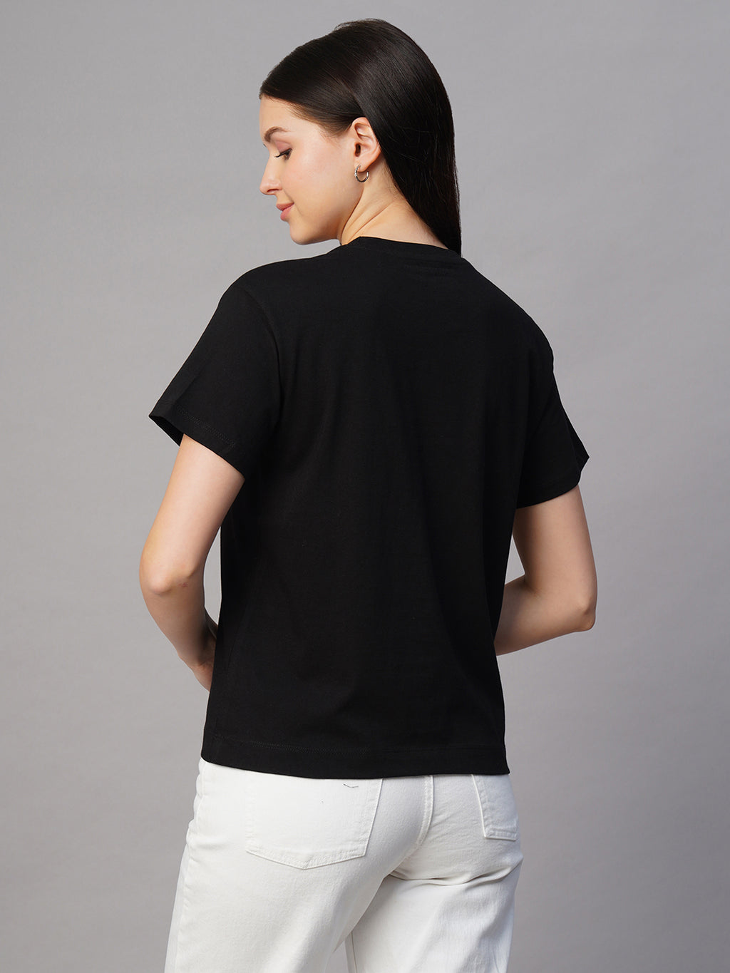 Women's Black 100% Cotton Regular Fit Tshirt