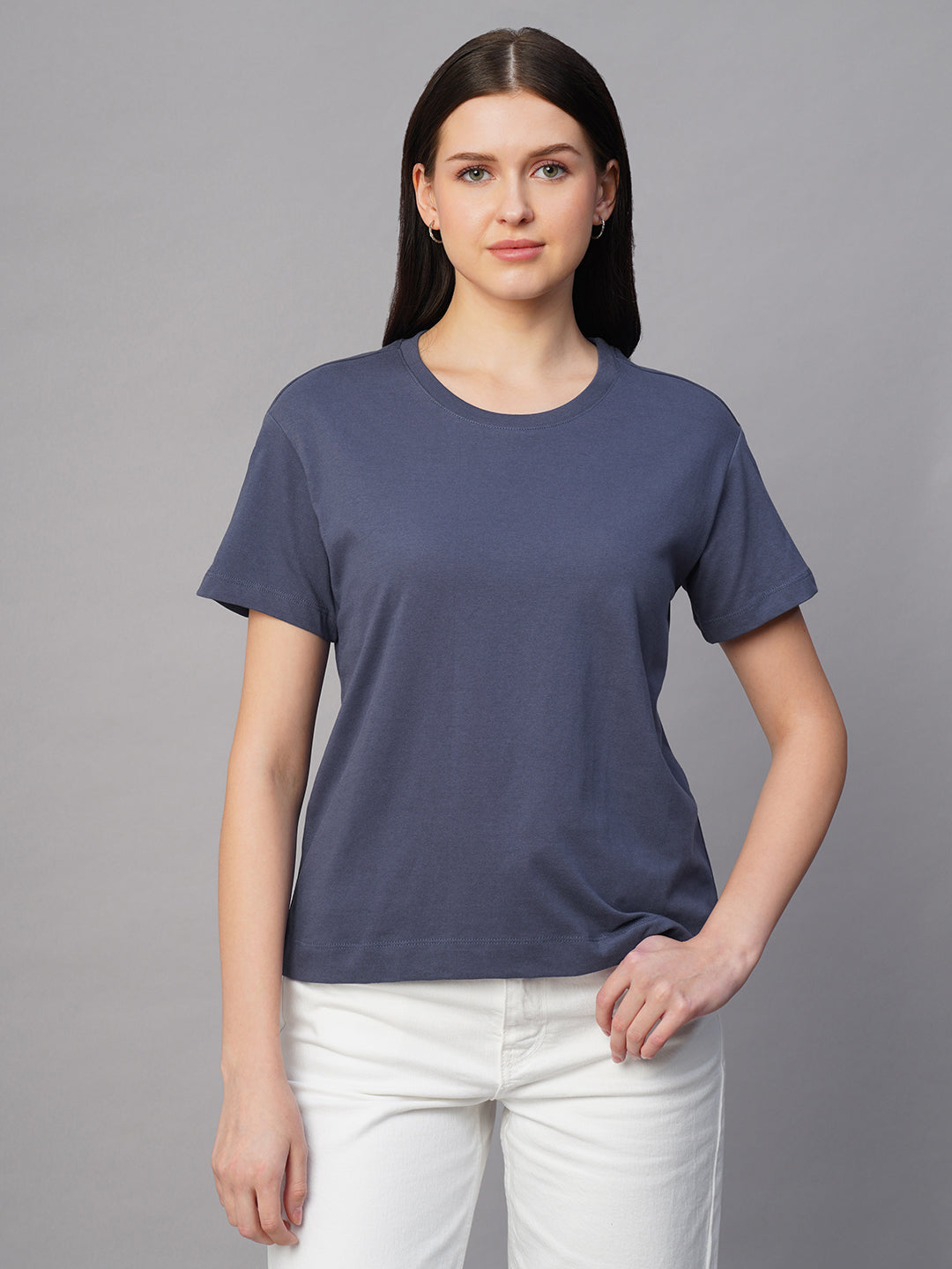 Women's Blue 100% Cotton Regular Fit Tshirt