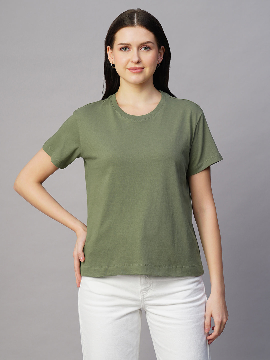 Women's Green 100% Cotton Regular Fit Tshirt