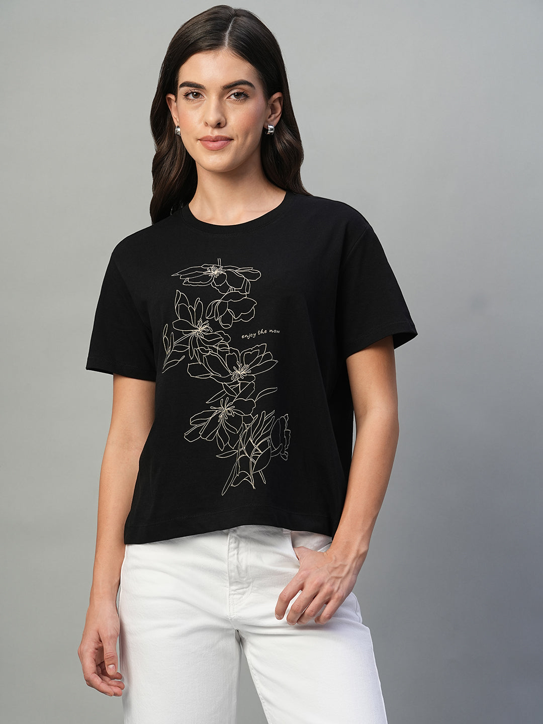 Women's Black 100% Cotton Regular Fit Tshirt
