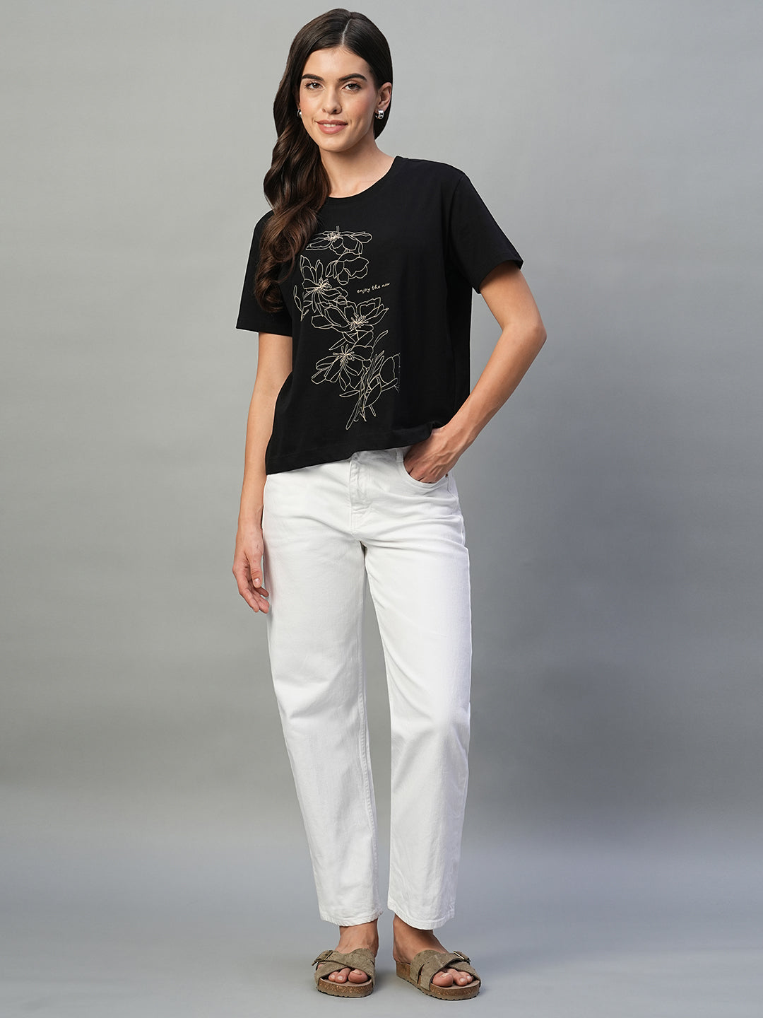 Women's Black 100% Cotton Regular Fit Tshirt