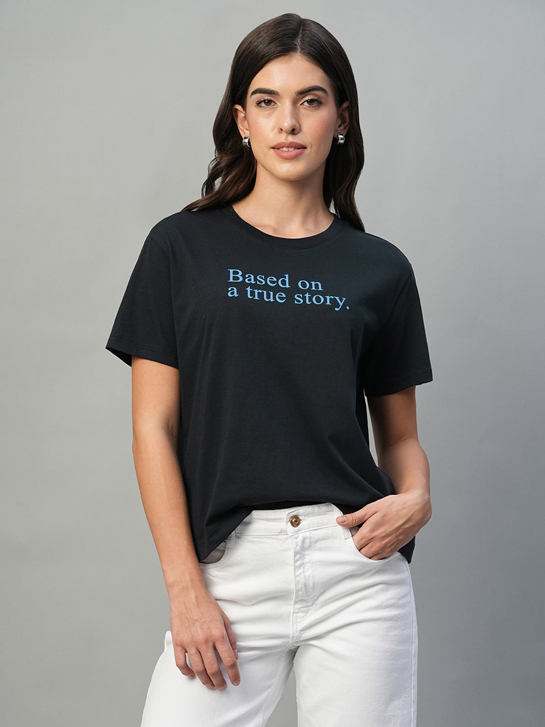 Women's Navy 100% Cotton Regular Fit Tshirt