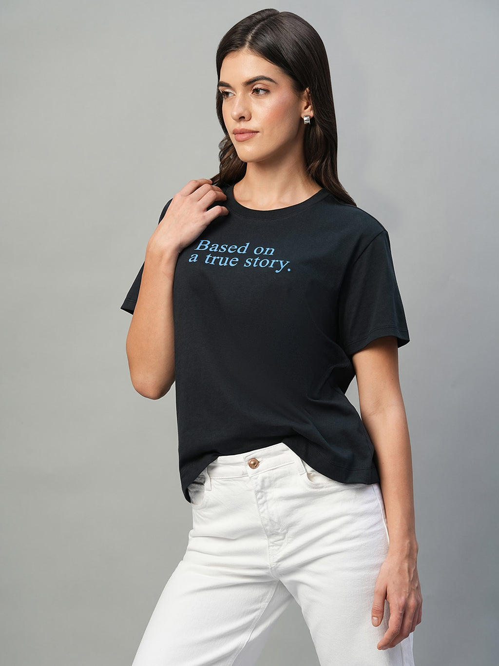 Women's Navy 100% Cotton Regular Fit Tshirt