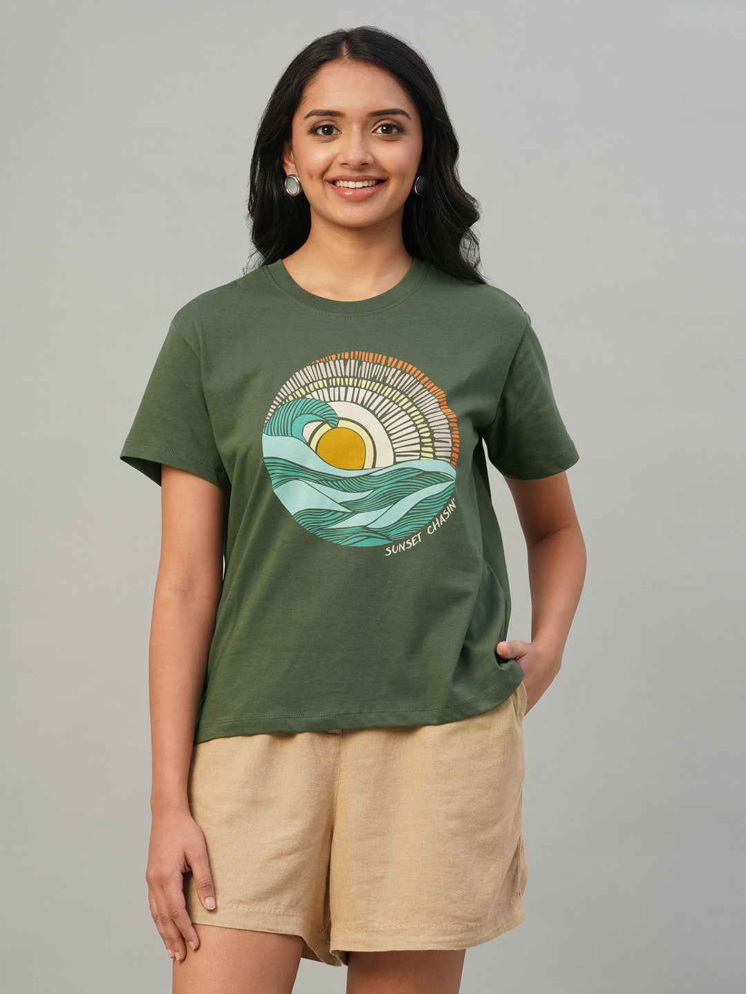 Women's Olive 100% Cotton Regular Fit Tshirt