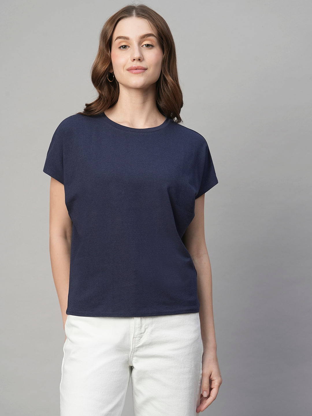 Women's Navy Cotton Bamboo Elastane Regular Fit Tshirt