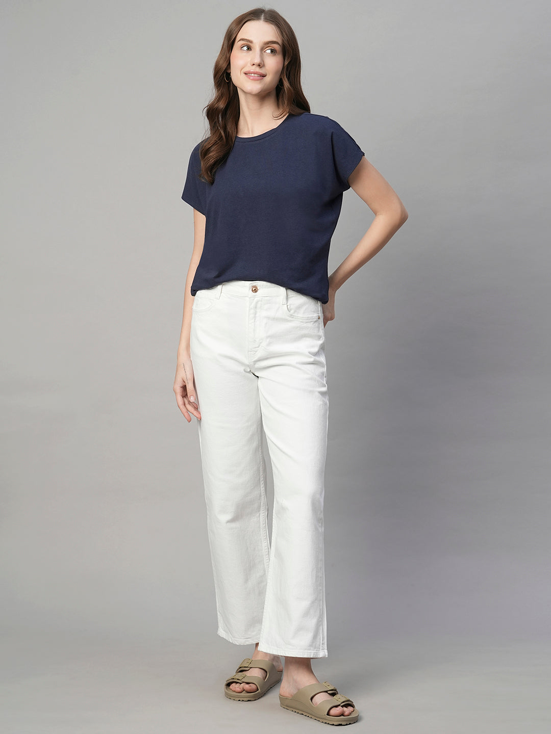 Women's Navy Cotton Bamboo Elastane Regular Fit Tshirt