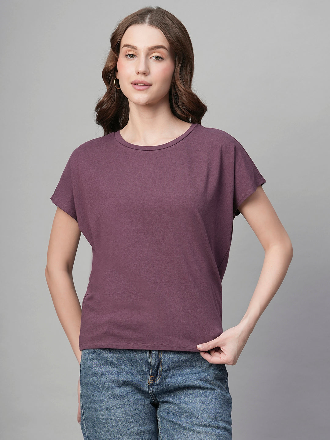 Women's Wine Cotton Bamboo Elastane Regular Fit Tshirt