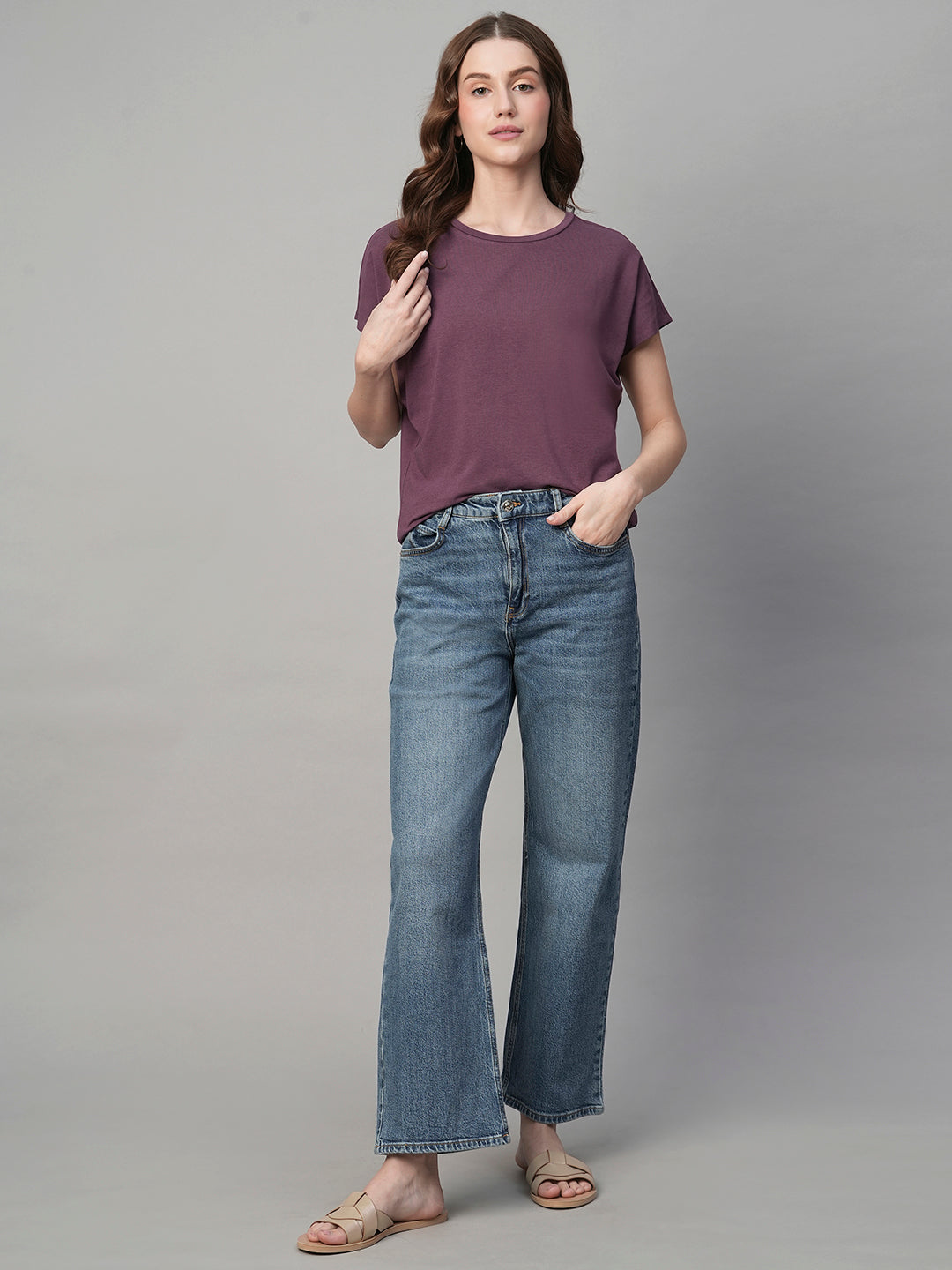 Women's Wine Cotton Bamboo Elastane Regular Fit Tshirt