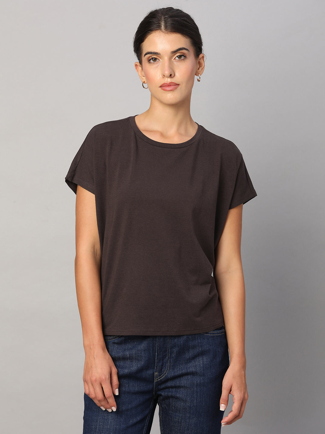Women's Brown Cotton Bamboo Elastane Regular Fit Tshirt