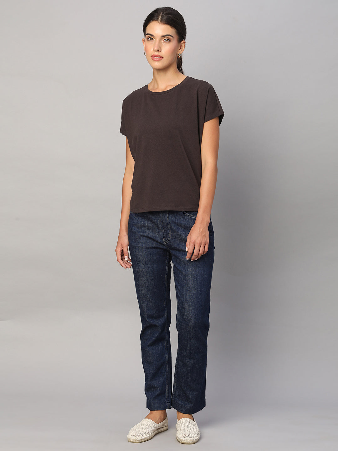 Women's Brown Cotton Bamboo Elastane Regular Fit Tshirt