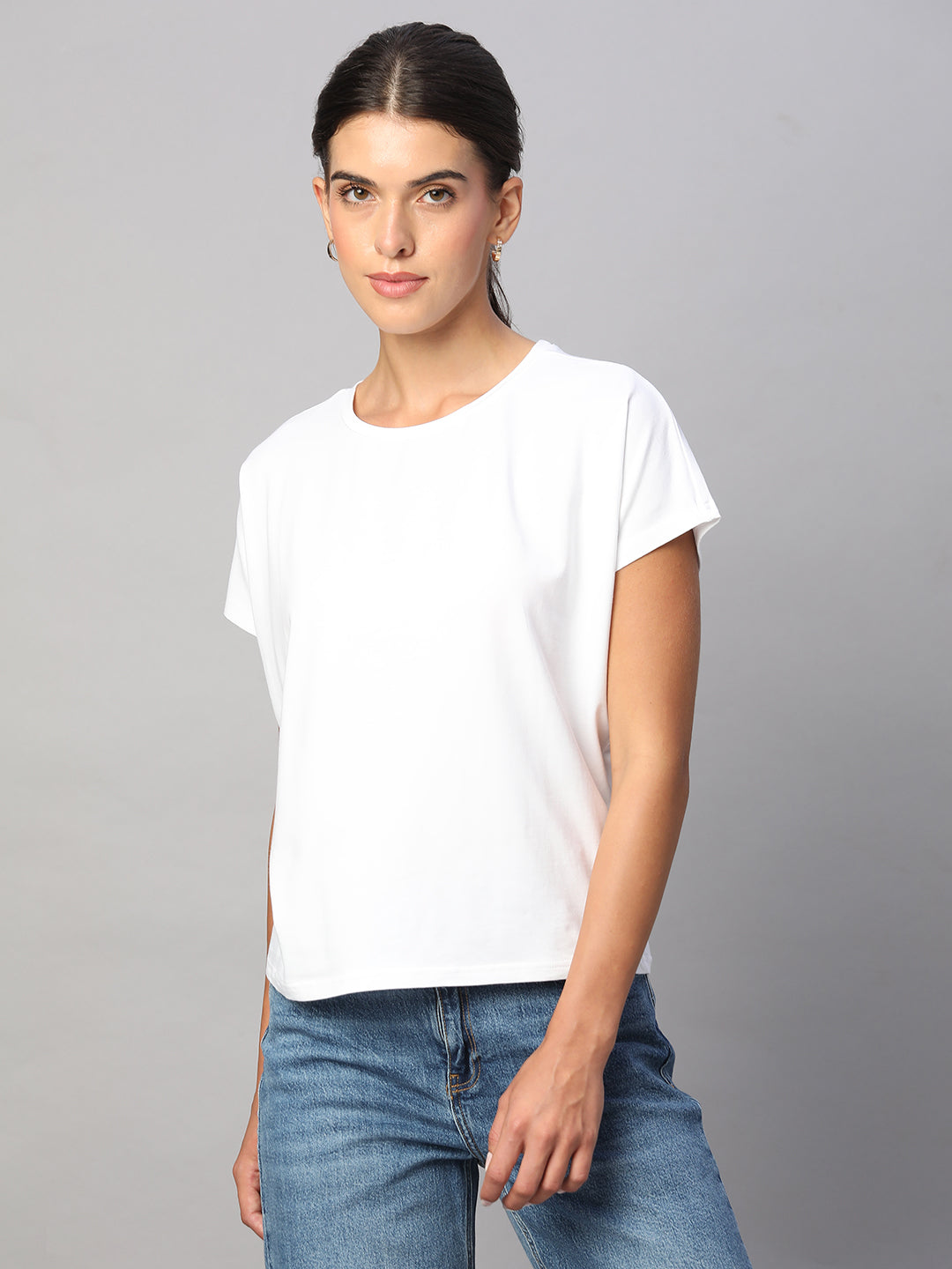 Women's White Cotton Bamboo Elastane Regular Fit Tshirt