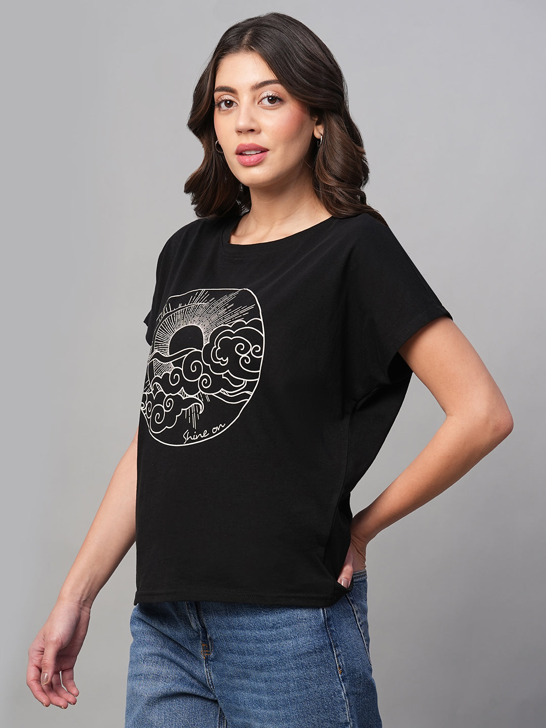 Women's Black 100% Cotton Regular Fit Tshirt